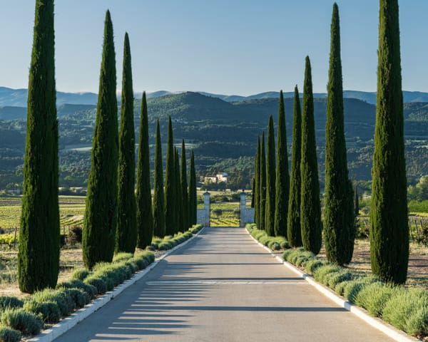 two rows of trees lining a luxurious driveway ending at a gate, with a hilly landscape in the background