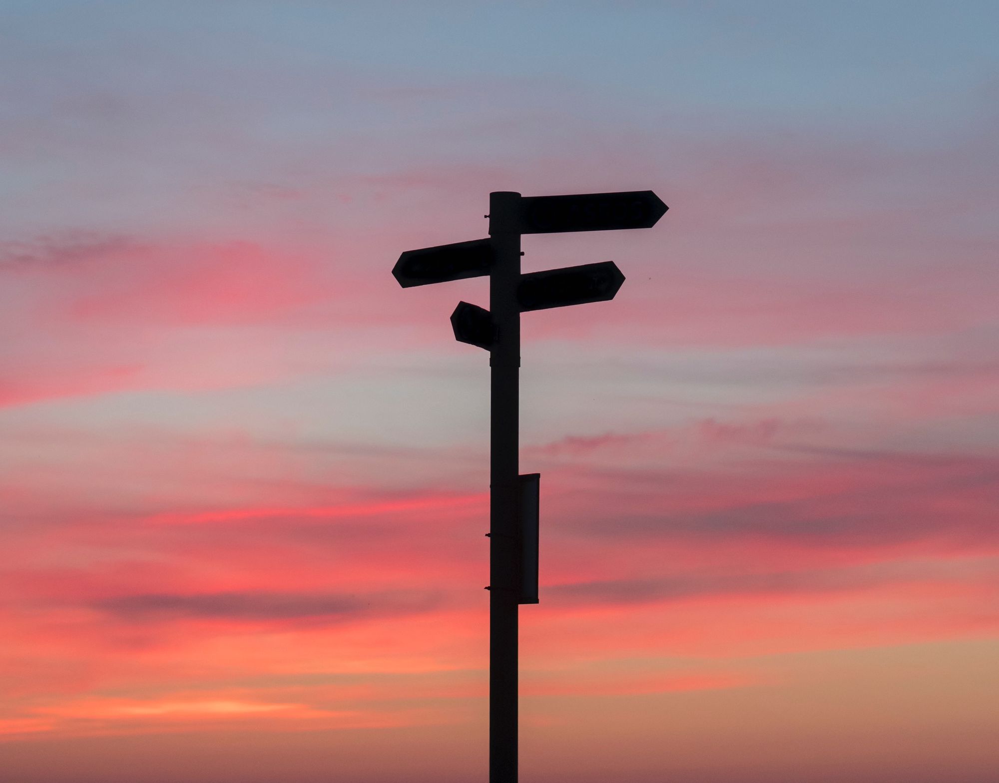 Several signs, on a pole, pointing in different directions. 