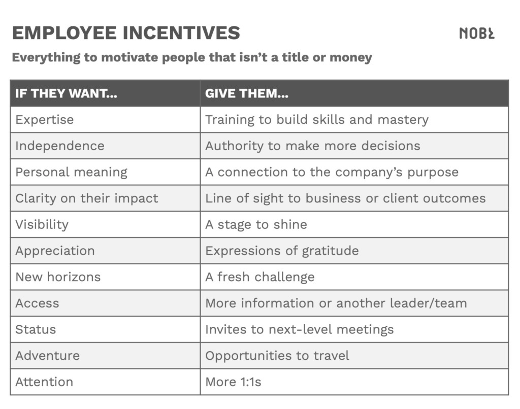 a chart of employee incentives from org design firm NOBL (pronounced like the award)