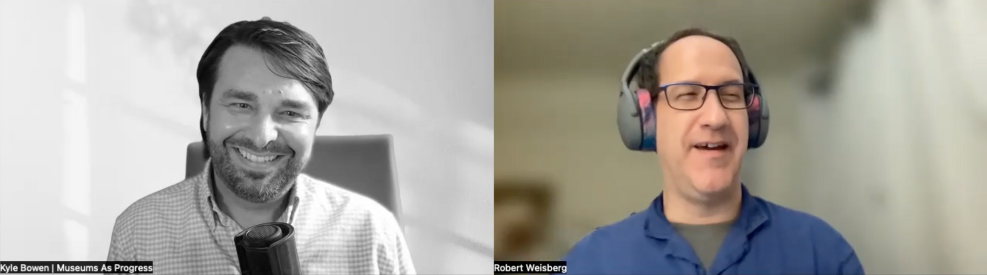 two men speaking in a video call; the image on the left is in black-and-white