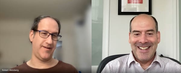 a split screen of two men speaking in a video call
